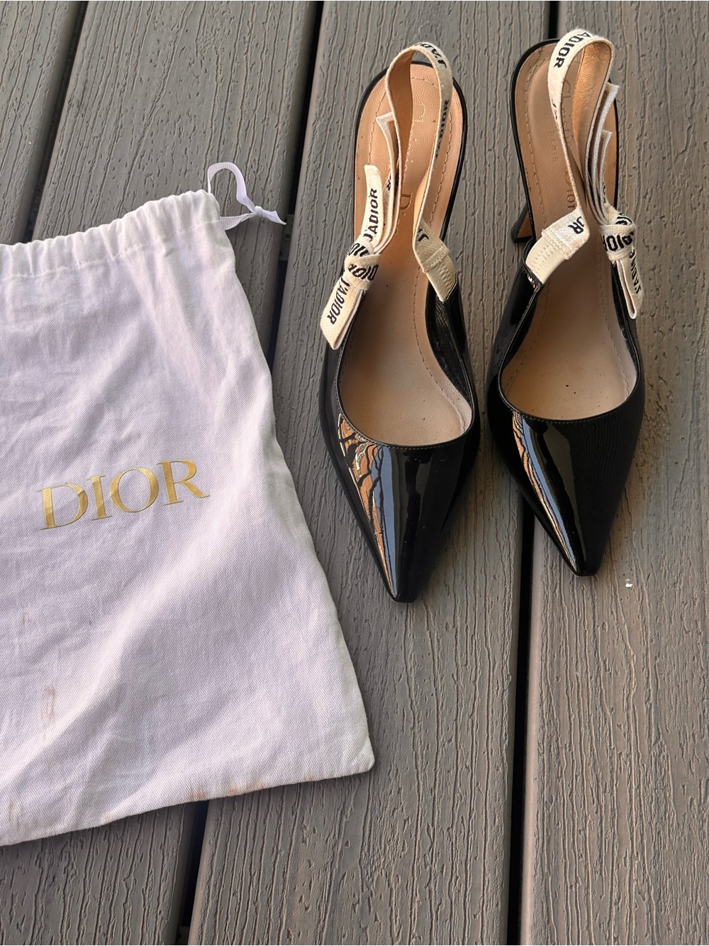 Dior Black Patent Pointed Slingback Heels with Branded Cream Strap